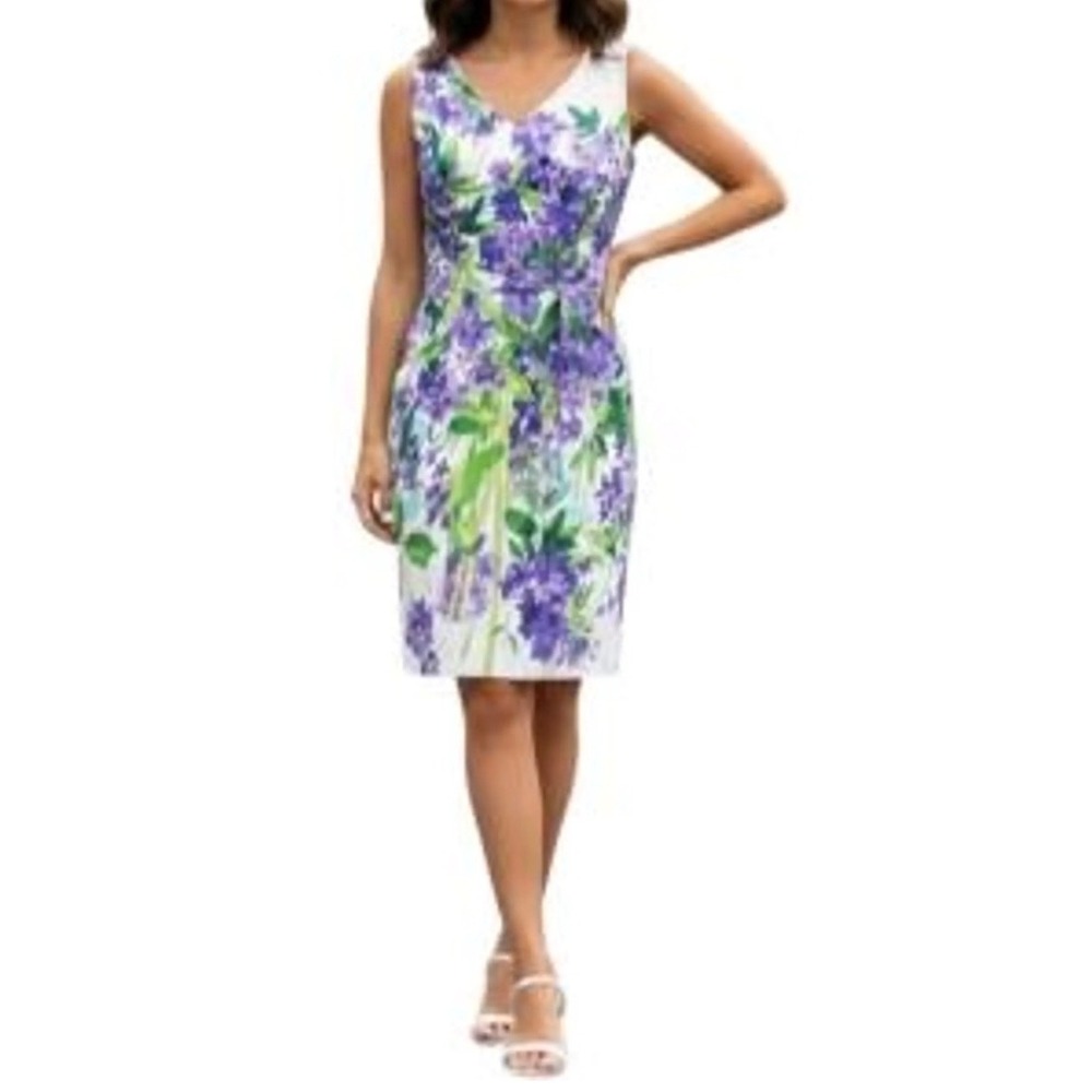 Lauren Ralph Lauren Sheath Dress Women 6 White Purple Floral Garden Party V-Neck
